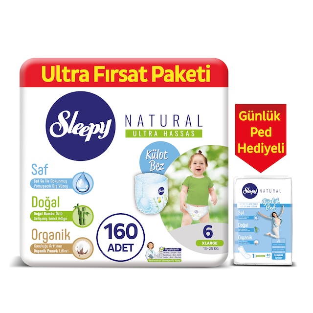 Sleepy Natural Külot Bez 6 Numara Xlarge 160 Adet + Natural Günlük Ped 40 Adet