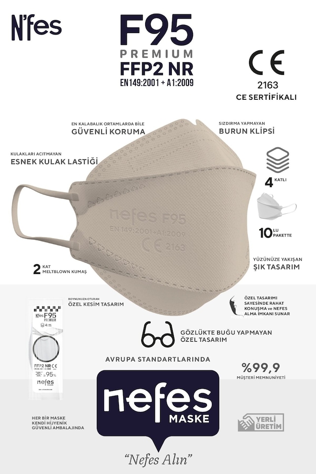 Nefes F95 (N95) FFP2 Premium Kore Tipi Maske Krem Renk