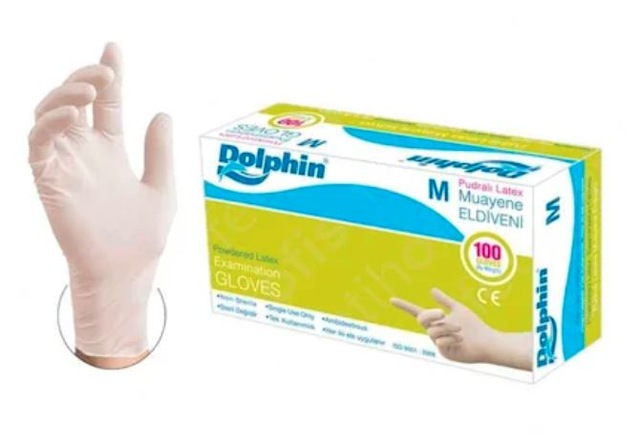 Dolphin Lateks Pudralı Muayene Eldiveni M Beyaz 100'lü