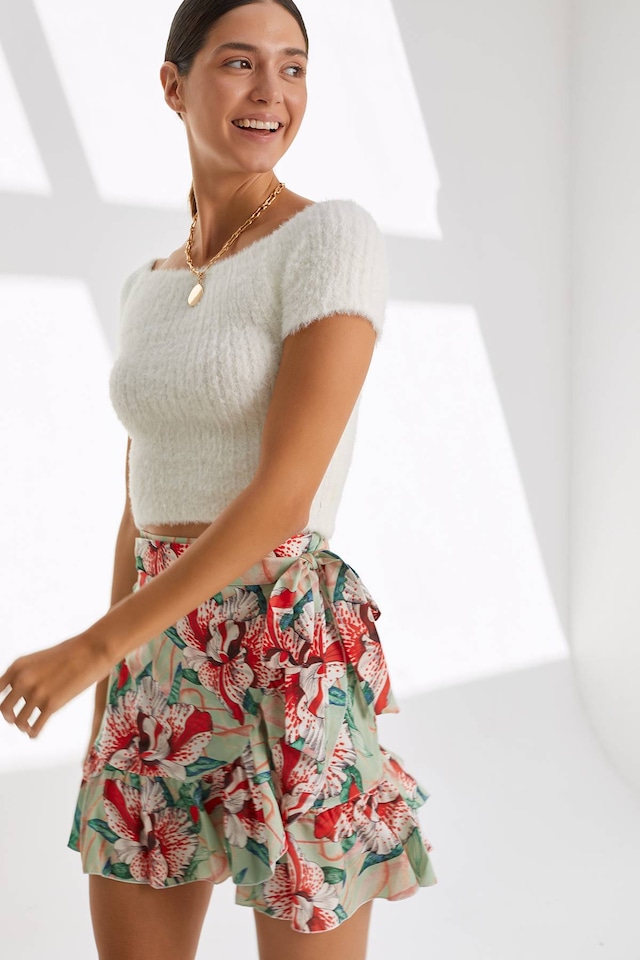 giybi Çiçek Desenli Kruvaze Şifon Etek KIRMIZI