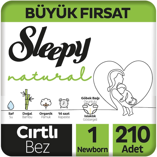Sleepy Natural Yenidoğan Bebek Bezi 1 Numara Büyük Fırsat Paketi 210 Adet