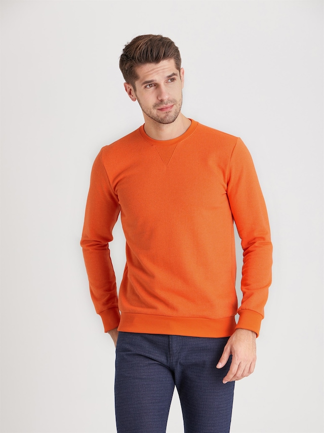 TURUNCU BİSİKLET YAKA DÜZ ERKEK SWEATSHIRT - SLIM FIT