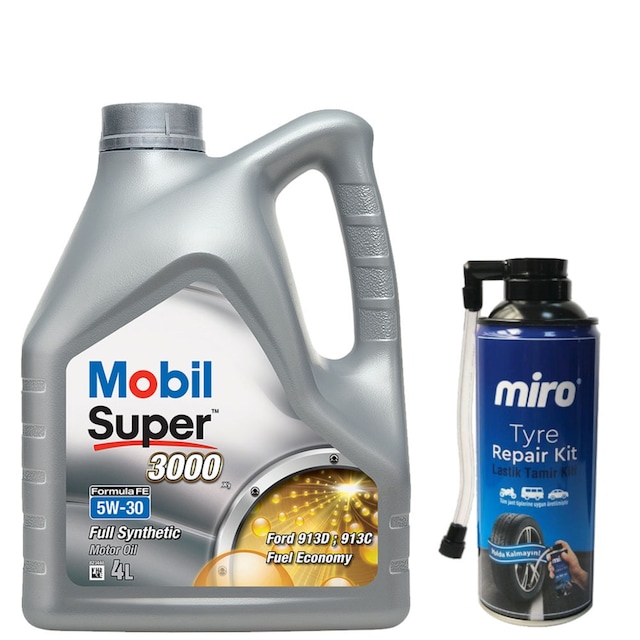 Mobil Super 3000 X1 Formula FE 5W-30 Tam Sentetik Motor Yağı 4 L + Miro Lastik Tamir Kiti