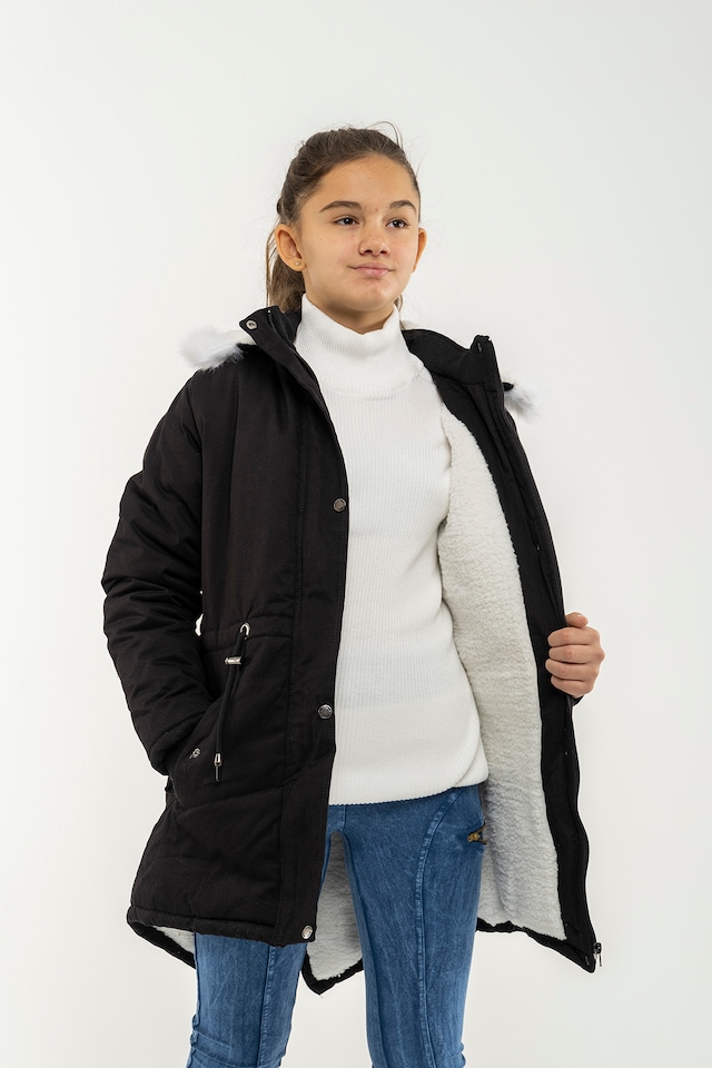 Kapüşonlu İçi Kürklü Cepli Kalın Kız Çocuk Uzun Mont