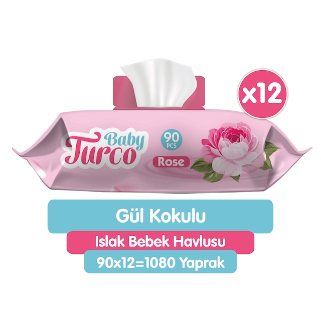 Baby Turco Gül Kokulu Islak Bebek Havlusu 12 x 90 Adet