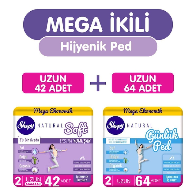 Sleepy Mega Fırsat Soft Uzun Hijyenik Ped 42’li + Mega Fırsat Günlük Uzun Hijyenik Ped 64'lü
