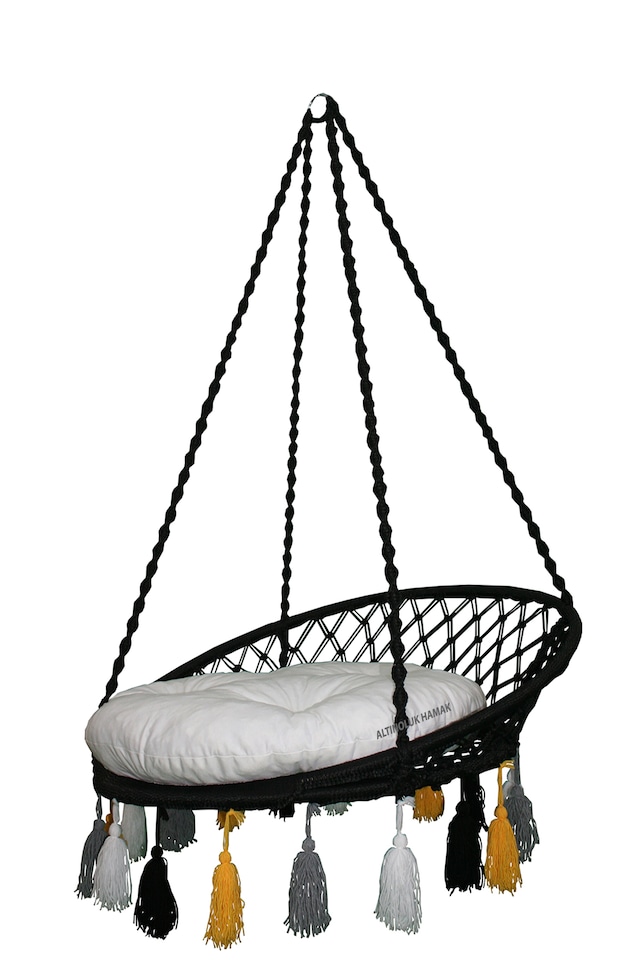 Altınoluk Renkli püsküllü Relaks Salıncak SİYAH(BEYAZ MİNDERLİ)