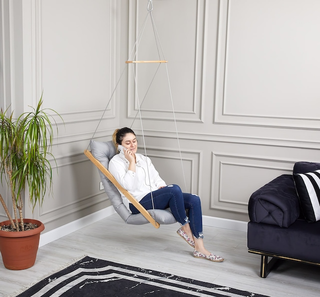 BYSAY AHŞAP PUF MİNDERLİ SALINCAK HAMAK EV BALKON BAHÇE İÇİN-GRİ