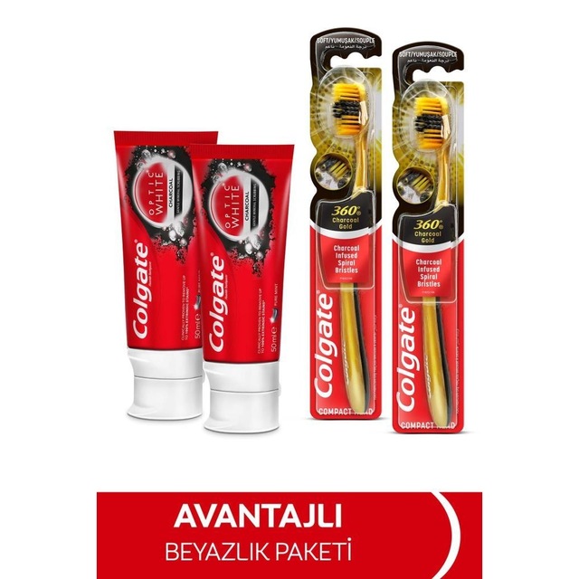 Colgate Optic White Aktif Kömür Diş Macunu 50 ML x 2  + 360 Charcoal Gold Diş Fırçası x 2