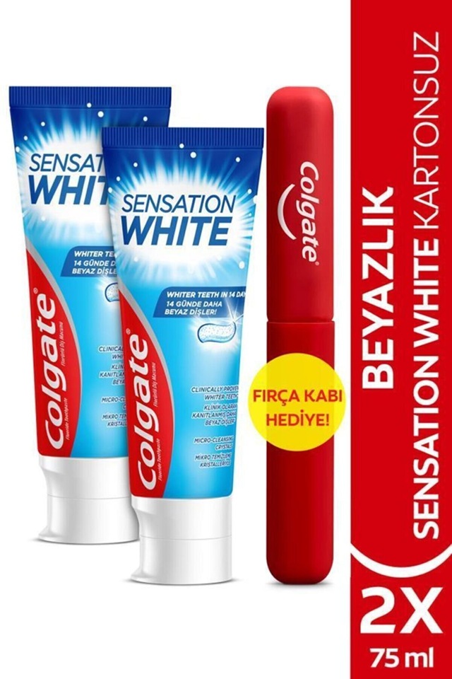 Colgate Sensation White Kartonsuz Beyazlatıcı Diş Macunu 2 x 75 ML + Fırça Kabı