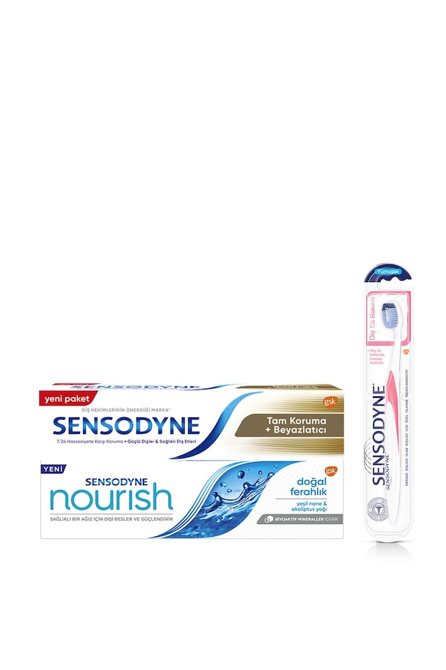 Sensodyne Nourish Doğal Ferahlık Diş Macunu 75 ML + Tam Koruma Beyazlatıcı 50 ML + Diş Fırça