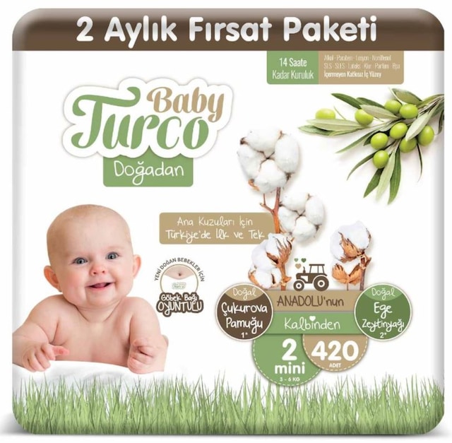 Baby Turco Doğadan Bebek Bezi 2 Numara Mini 2 Aylık Fırsat Paketi 420 Adet