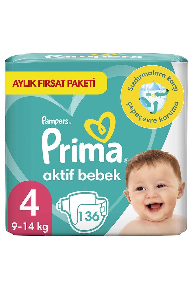 Prima Aktif Bebek 4 Beden Maxi Bebek Bezi Aylık Fırsat Paketi 136 Adet