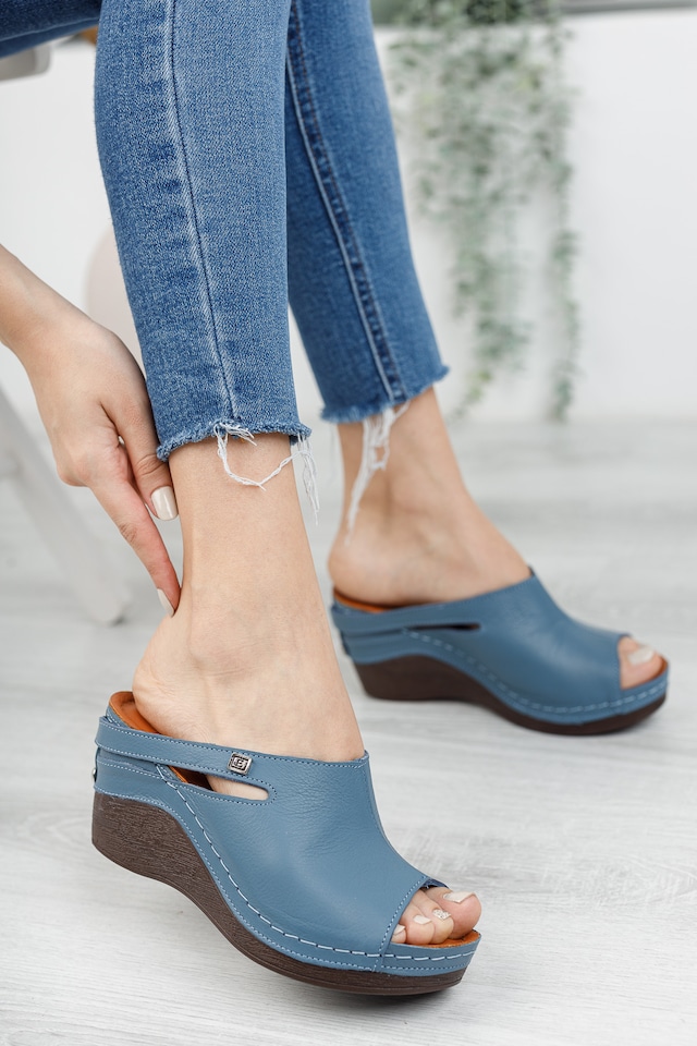 Hakiki Deri Dolgu Topuk Kadın Terlik