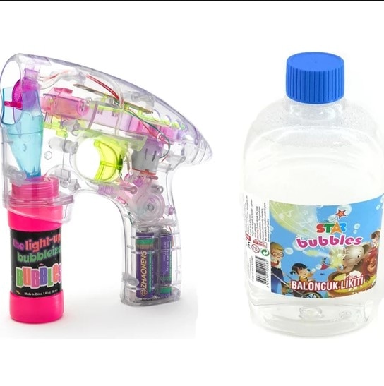 Köpük Tabancası Işıklı Pilli Makinesi + 500 ml Baloncuk Likiti
