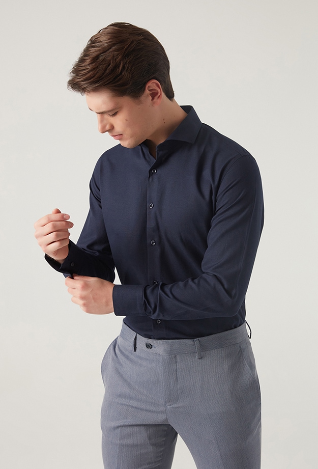 Ds Damat Slim Fit Lacivert İtalyan Yaka Gömlek