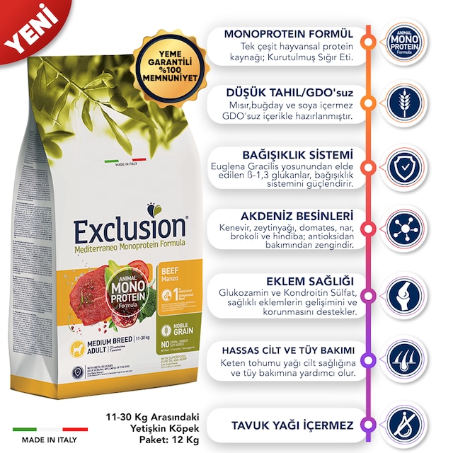 Exclusion Monoprotein Düşük Tahıllı Sığır Etli ve Narlı Orta Irk Yetişkin Köpek Maması 12 KG