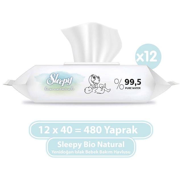 Sleepy Bio Natural Yenidoğan Islak Bebek Bakım Havlusu 12 x 40'lı