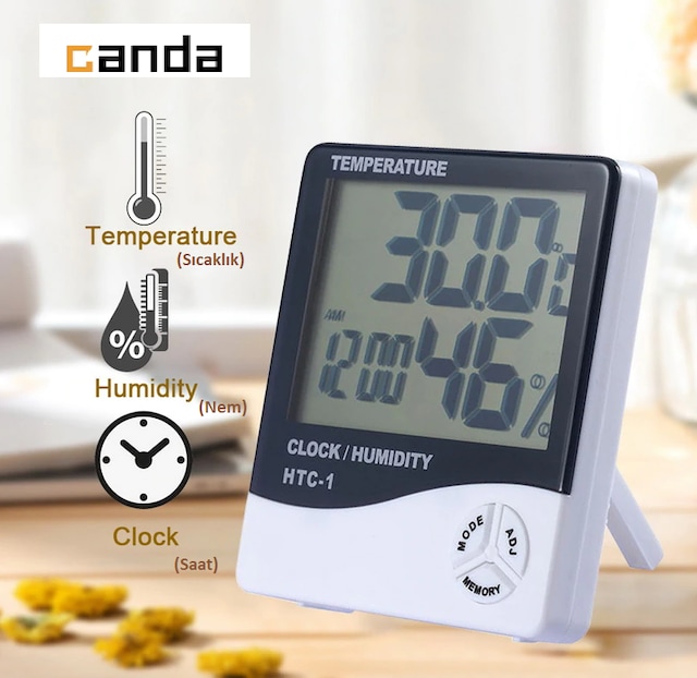 HTC-1 Dijital Termometre Sıcaklık Nem Ölçer Masa Saati Pil Dahil