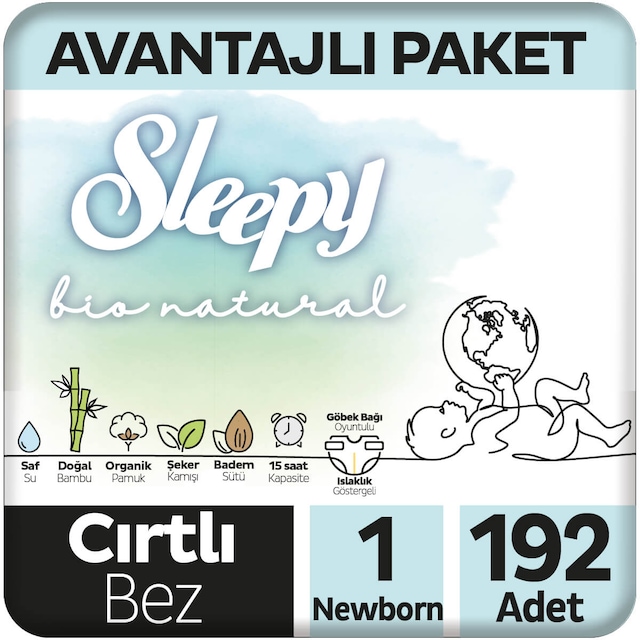 Sleepy Bio Natural Yenidoğan Bebek Bezi 1 Numara Avantajlı Paket 192 Adet