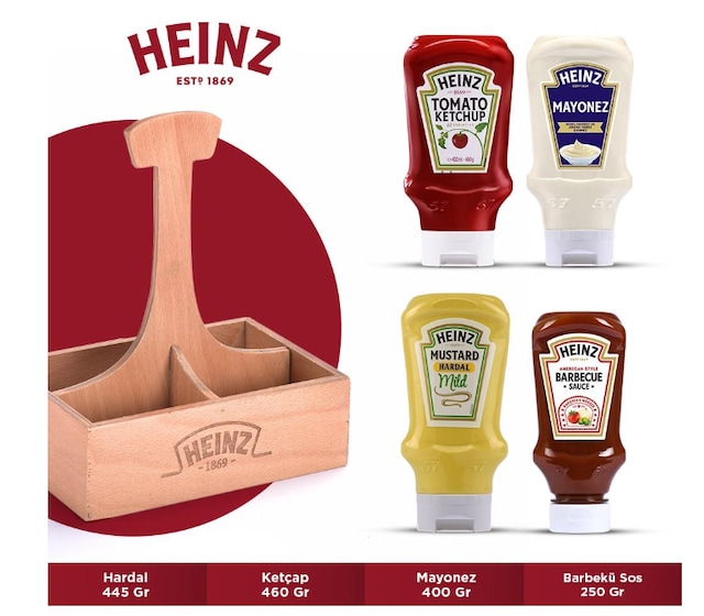 Heinz Ahşap Sosluk Hediye Paketi Hardal 445 G + Ketçap 460 G + Mayonez 400 G + Barbekü Sos 250 G
