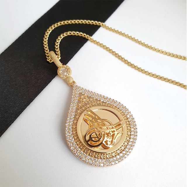 Gümüş Pazarım Su Damlası Kesim Osmanlı Tuğralı Gümüş Kolye