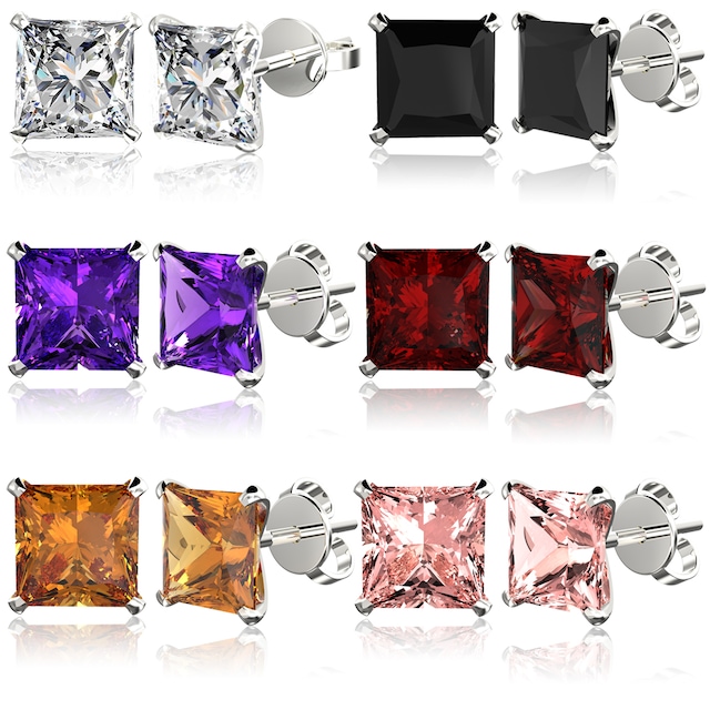 925 Ayar Gümüş Kare Tek Taş Küpe, 3-10mm Boy ve 6 Farklı Renk