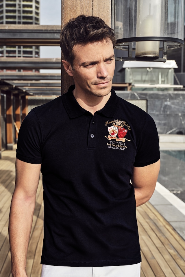 MORVEN  Erkek Siyah Polo Yaka Baskılı Armalı Regular Fit Tişört