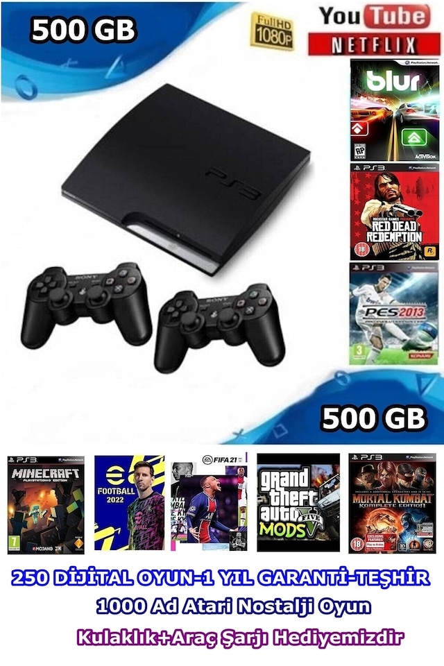 Sony Playstation 3 Slim 500 GB 190 Oyun Yüklü Konsol + 2 Kol (Teşhir)