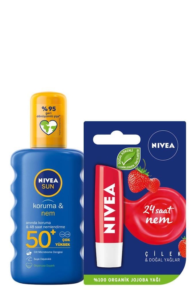 Nivea Güneş Koruyucu & Nemlendirici Sprey GKF 50 200 ML + Fruity Shine Çilek Dudak Kremi