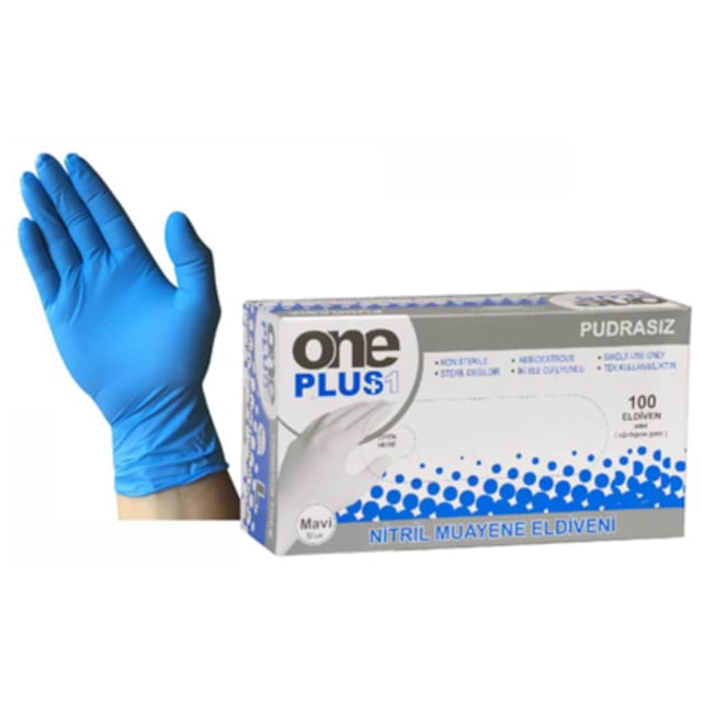 One Plus Pudrasız Mavi Nitril Muayene Eldiveni 100'lü