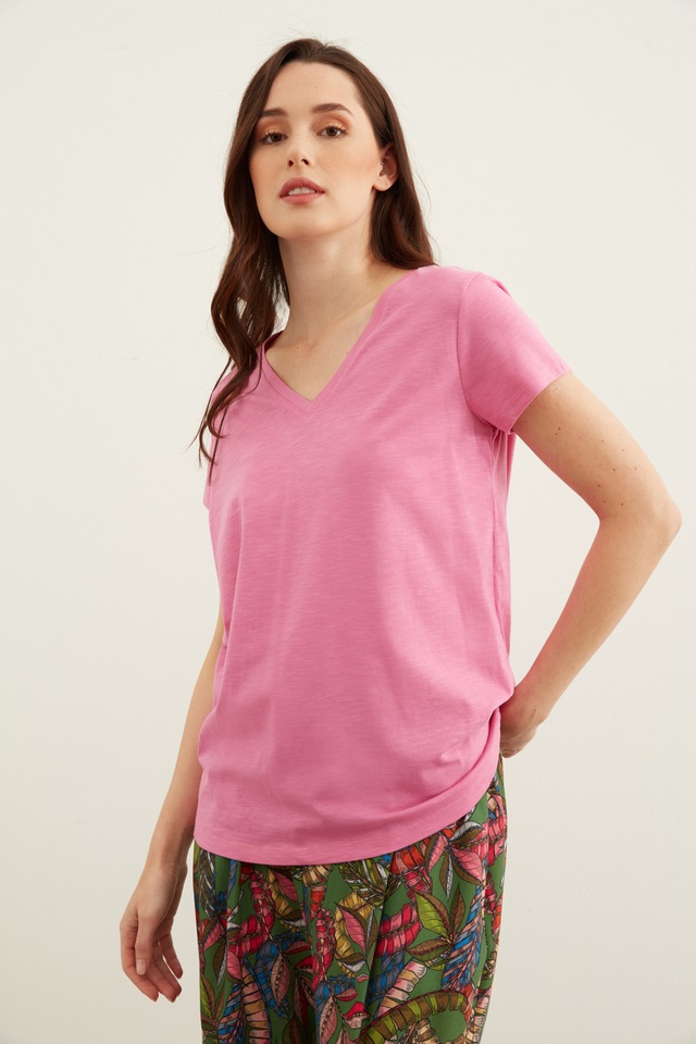 V Yaka Tshirt - Pembe