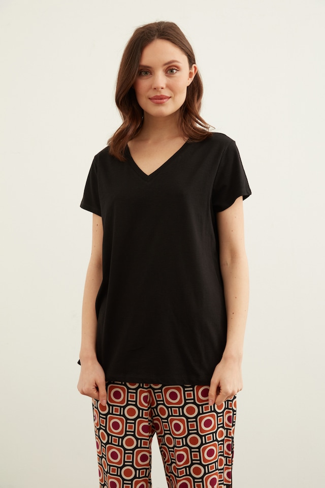 V Yaka Tshirt - Siyah