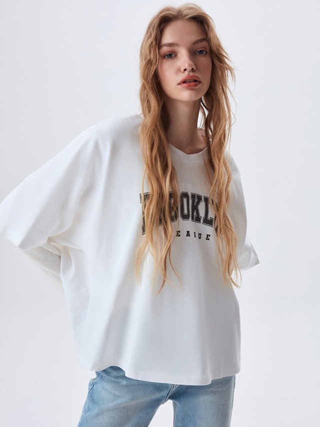 Ltb Yarasa Kollu Slogan Baskılı Beyaz T-shırt