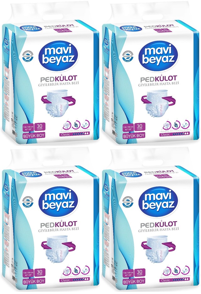 Mavi Beyaz Ped Emici Külot Hasta Bezi L Büyük 30'lu x 4 120 Adet