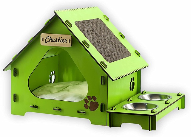 enreal Kedi Evi Mama Kabı Kedi Tırmalama Tahtası, Çim Yeşili