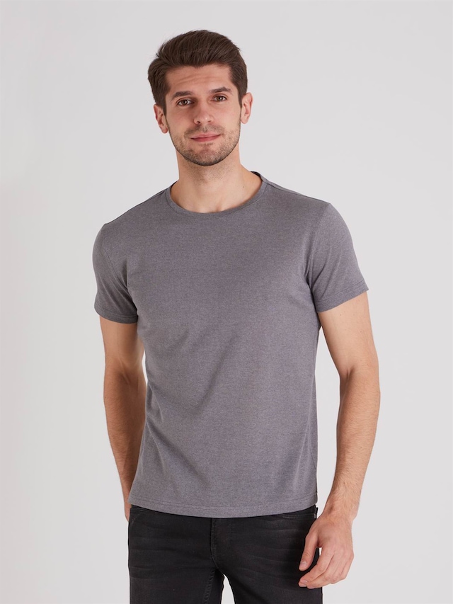 GRİ MELANJ BİSİKLET YAKA ERKEK TSHIRT - SLIM FIT