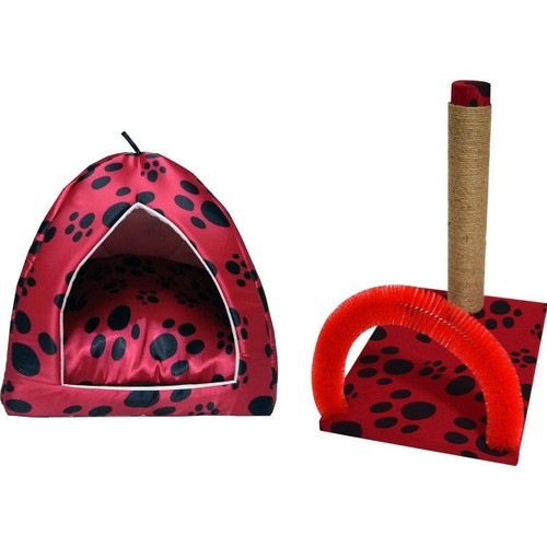 Biosand Eskimo Kedi Yatağı ve Kaşımalı Tırmalama Seti Kırmızı Pa