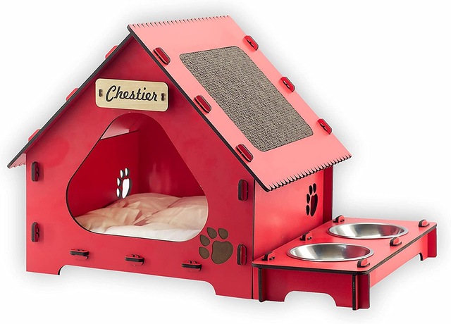 enreal Kedi Evi Mama Kabı Kedi Tırmalama Tahtası, Kırmızı