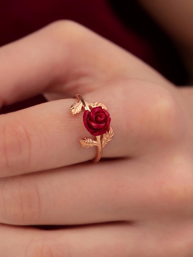 Gümüş Pazarım Kırmızı Gül Gümüş Yüzük (Parmağa Göre Ayarlanabilir