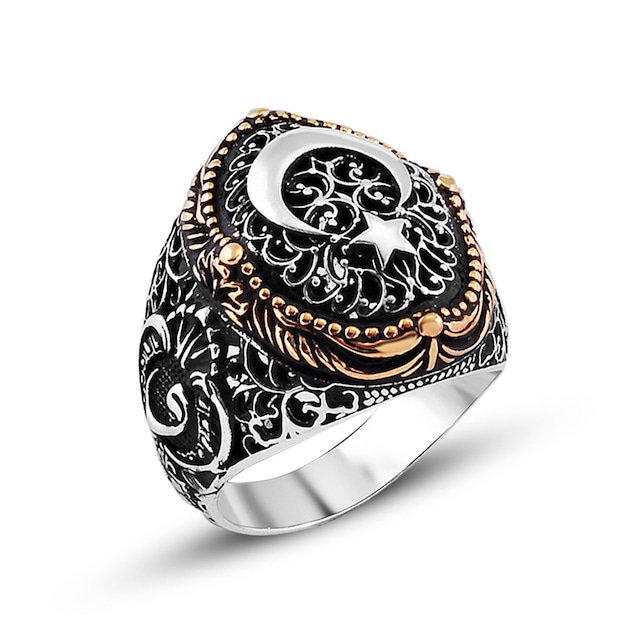 Ay Yıldız İşlemeli Yanları Vav Harfli Erkek Gümüş Yüzük