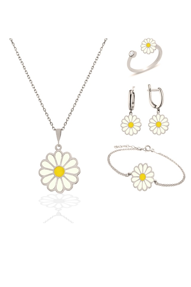 925 Ayar Gümüş Papatya Model Kolye Yüzük Küpe Bileklik Bayan Set
