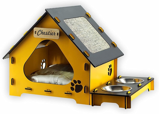 enreal Kedi Evi Mama Kabı Kedi Tırmalama Tahtası, Sarı/Siyah