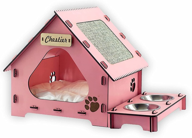 enreal Kedi Evi Mama Kabı Kedi Tırmalama Tahtası, Pembe