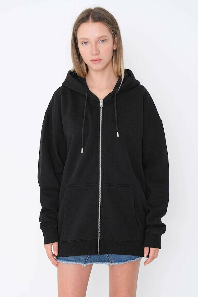 Kadın Siyah Fermuarlı Sweat Hırka