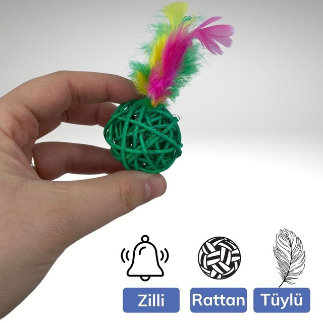 BUFFER® 2li Rattan Renkli Peluş Tüy Kedi Köpek Oyuncak Yakalama
