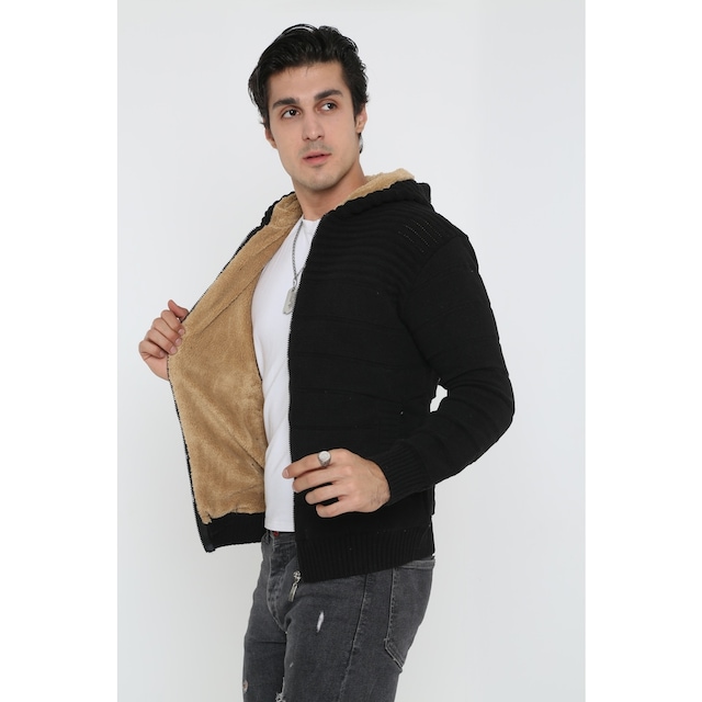 Erkek Fermuarlı Içi Kürklü Siyah Hırka Mont-Siyah