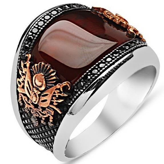 Kırmızı Akik Taşlı Erkek Gümüş Yüzük Osmanlı Armalı Yüzük tsr66