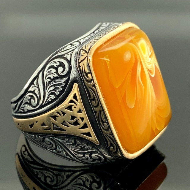 Gümüş Kehribar Taşlı erkek Yüzük