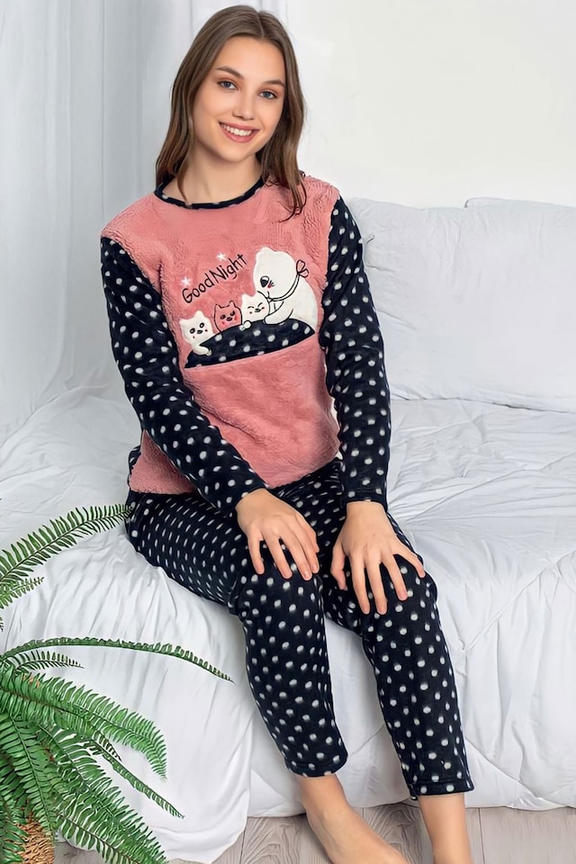 Zigzag Iç Giyim Kadın Polar Pijama Takımı Desenli Peluş Pembe - Siyah